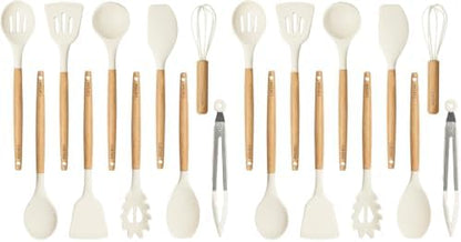 CAROTE Silicone Cooking Utensils Set, Kitchen Utensils Set 10 Pcs for cooking, BPA Free Spatula Set with Heat Resistant Wood Handles for Nonstick Cookware (Cream White) (Pack of 2)