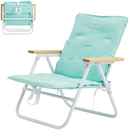 SUNNYFEEL Foldable Beach Chair, Beach Chair Backup with Wood Armrest & Cushion, Lightweight Camping Chair Heavy Duty for Beach, Camping, Lawn, Outdoor, Mint Green