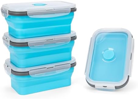 Collapsible Silicone Food Storage Containers Set with Lid & Air Vent,Foldable Lunch Containers(4PCS,Blue,17oz)