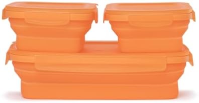 Drip EZ Secondz Collapsible Food Storage Containers (set of 3) - Meal Prep, Leftovers, Lunch, Camping, Hiking - Dishwasher & Microwave Safe - BPA-free Silicone - Locking Lids - Orange