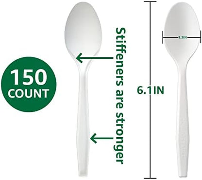 100% Compostable No Plastic Knives Plastic Forks Plastic Spoons Plastic Utensils, The Heavyweight Heavy Duty Flatware is Eco Friendly Products for Lounge Party Wedding BBQ Picnic Camping.