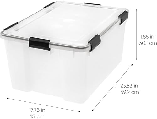 IRIS USA 8 Pack WeatherPro 62.8 Quart Stackable Storage Tote Bins, Plastic Gasket Box with Tight Latching Lids and Seal, Clear/Black