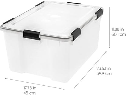 IRIS USA 8 Pack WeatherPro 62.8 Quart Stackable Storage Tote Bins, Plastic Gasket Box with Tight Latching Lids and Seal, Clear/Black