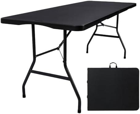 Folding Table 6ft, Heavy Duty Plastic Fold-in-Half Utility Table, Black