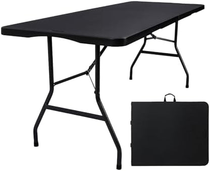 Folding Table 6ft, Heavy Duty Plastic Fold-in-Half Utility Table, Black