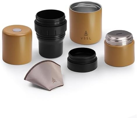 VSSL - Nest Pour Over Coffee Kit | Coffee Maker for Camping | All-In-One Travel Pour Over | Transportable Dripper, Two 10oz Stainless Steel Travel Mugs | Compact Storage & Adventure Ready | Sahara