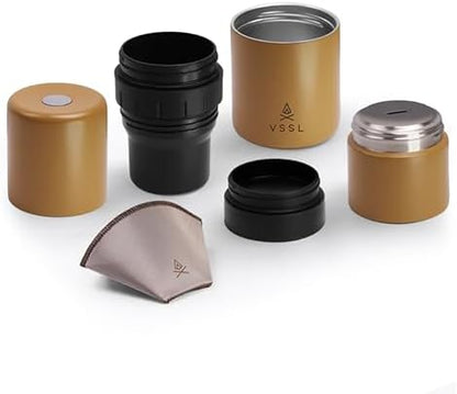 VSSL - Nest Pour Over Coffee Kit | Coffee Maker for Camping | All-In-One Travel Pour Over | Transportable Dripper, Two 10oz Stainless Steel Travel Mugs | Compact Storage & Adventure Ready | Sahara