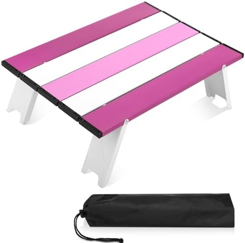 CroBlissful Beach Table Folding Camping Portable Table Striped White Aluminum Side with Carry Bag for Summer Camping Picnics and Outdoor Activities(16x11x5 in,Pink)