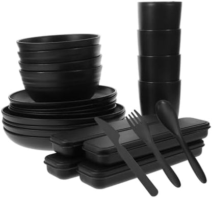 BESPORTBLE 20pcs Black Dinnerware Set for 4 People, Includes Bowl, Plate, Fork, Spoon, Knife, Reusable Portable Cutlery Set for Camping, Picnic, and Lunch Box Use