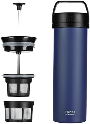 ESPRO Go P0 Ultralight French Press Coffee Maker for Travel, Vacuum Insulated Stainless Steel, 16 Ounces, Aegean Blue