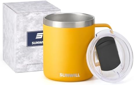 SUNWILL Insulated Coffee Mug with Lid, Travel Tumbler with Handle, 14 oz Stainless Steel Cup for Camping, Office, Home, Powder Coated Yellow
