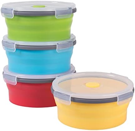 Collapsible Food Storage Containers with Airtight Lid, 27 oz, Kitchen Stacking Silicone Collapsible Meal Prep Container Set for Leftover, Microwave Freezer Dishwasher Safe, 4 Colors Round, Set of 4