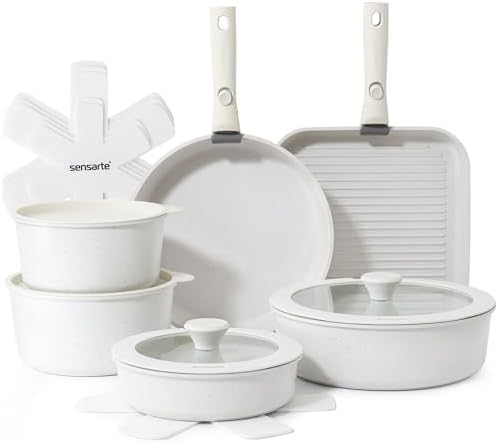 SENSARTE 17 Piece Nonstick Detachable Handle Pots and Pans Set White
