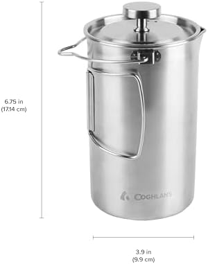Coghlan's Stainless Steel French Press Coffee Maker – 4-Cup (32 oz), Campfire & Stovetop Safe, Portable & Durable – Fine Mesh Filter, Folding Handle, Dishwasher Safe – For Camping, Home, or Travel