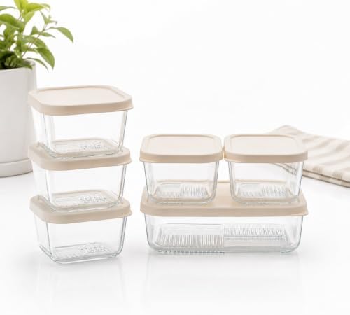 Glass Food Storage Containers with Lids - 12 Piece - 3 x 10.5 oz, 1 x 26.5 oz & 2 x 40.57 oz Glass with BPA-Free Leak Resistant Stackable Lids - Microwave, Oven & Dishwasher Safe - Vanilla Mist