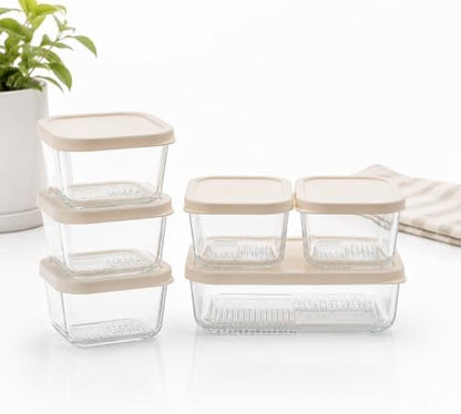 Glass Food Storage Containers with Lids - 12 Piece - 3 x 10.5 oz, 1 x 26.5 oz & 2 x 40.57 oz Glass with BPA-Free Leak Resistant Stackable Lids - Microwave, Oven & Dishwasher Safe - Vanilla Mist