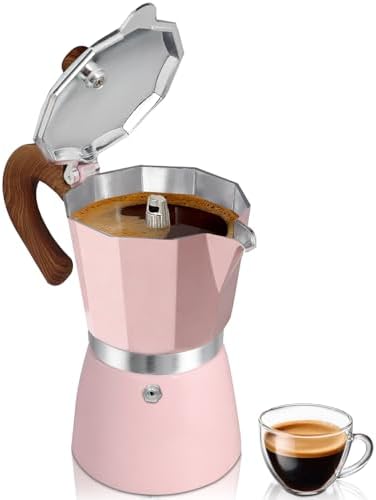 Coffee Maker Stovetop Espresso Maker 6 Cup Aluminum Moka Pot Percolator 10oz 300ml Easy Brewing for Electric Ceramic Stoves Home Camping Italian Cuban Café Classic Pink