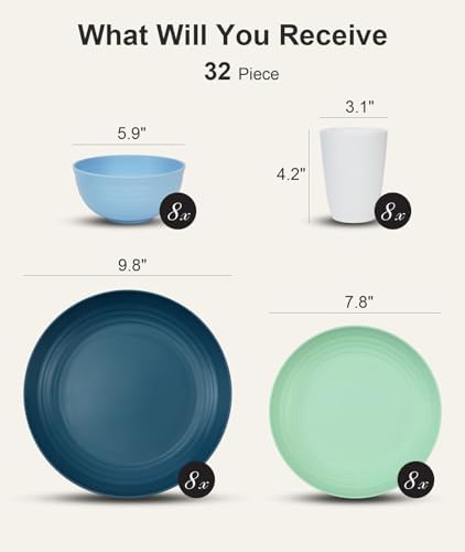 Quatish 32 Piece Plates and Bowl Set for 8, Dinnerware Dish Set for Kitchen