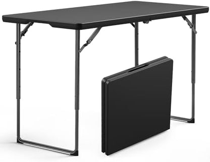 Folding Table, 4FT Foldable Picnic Table with Adjustable Height, Heavy Duty Fold-in-Half Portable Table for Weddings, Camping, RV Travel, Parties, BBQs, and Indoor Use, Easy to Fold and Store