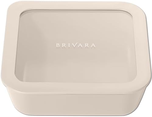 Glass Food Storage Container with Lid, 5-Cup Medium Square | Microwave-Safe Airtight Lid, Oven-Safe Ceramic-Coated Glass | Zero Plastic, No PFAS/PFOA/BPA, Reusable [Crema]