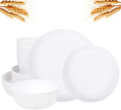 EjonirInjonir 12pcs Wheat Straw Dinnerware Sets for Camping, Unbreakable