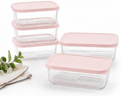 Glass Food Storage Containers with Lids - 10 Piece - 3 x 25.4 oz & 2 x 57.5 oz Glass with BPA-Free Leak Resistant Stackable Lids - Microwave, Oven & Dishwasher Safe - Ideal for Meal - Berry Blush