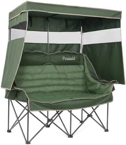 Double Camping Chair with Canopy Heavy Duty 2 Person Folding Loveseat Beach Chair with Shade High Back Oversized Outdoor Camping Couch with Cup Holders & Wine Racks for Lawn, Sports, Green