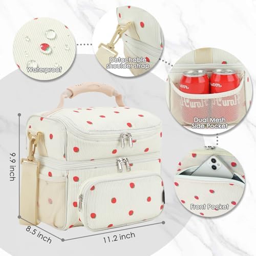 FlowFly Double Layer Cooler Insulated Lunch Bag Adult Lunch Box Large Tote Bag for Men, Women, With Adjustable Strap,Front Pocket and Dual Large Mesh Side Pockets