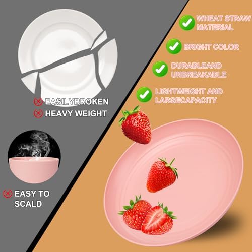 Rubtlamp 16Pcs Plastic Wheat Straw Dinnerware Set, Reusable Plastic Plate Set for 4, Kitchen Plates And Bowls Set (Pink) Include Dinner Platos, Dessert Platos, Cereal Bowls, Cups for Daily, Camping