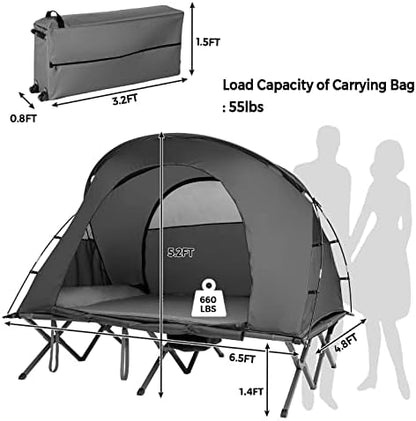 Tangkula 2-Person Tent Cot, 4-in-1 Folding Tent with Waterproof Rainfly, Self-Inflating Mattress & Roller Carrying Bag, Portable Off Ground Elevated Tent with Shoe Storage Pocket & Lamp Hook