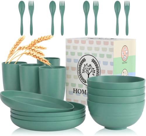 Wheat Straw Dinnerware Sets, Homienly 20pcs Unbreakable Microwave Dishwasher Safe Tableware Lightweight Bowls, Cups, Plates Set Reusable Dinner Plates Bowls set (Green)