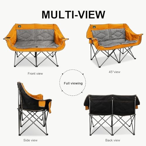 Northroad Folding Loveseat Camping Chair Portable Double Duo Full Padded Garden Sofa Chair for 2 Person w/ 2 Cup Holder,Wine Glass Holder,Support 600lbs for Outdoor Travel (Orange)