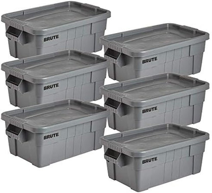 Rubbermaid Commercial Products BRUTE Tote Storage Bin with Lid, 14-Gallon, Gray, Rugged/Reusable Boxes for Moving/Camping/Garage/Basement Storage, Pack of 6