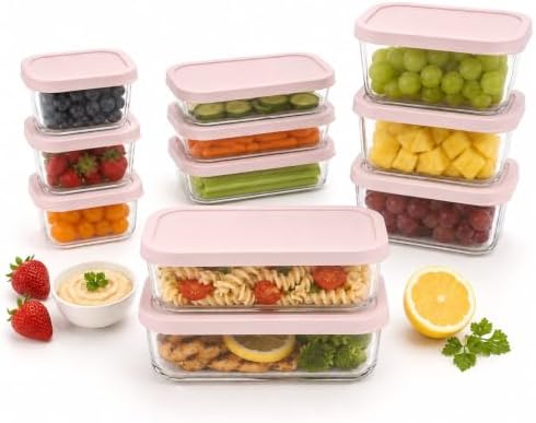 Glass Food Storage Containers with Lids - 22 Piece - 10.5 oz, 17.6 oz, 25.4 oz & 57.5 oz Sets Glass with BPA-Free Leak Resistant Stackable Lids - Microwave, Oven & Dishwasher Safe - Berry Blush