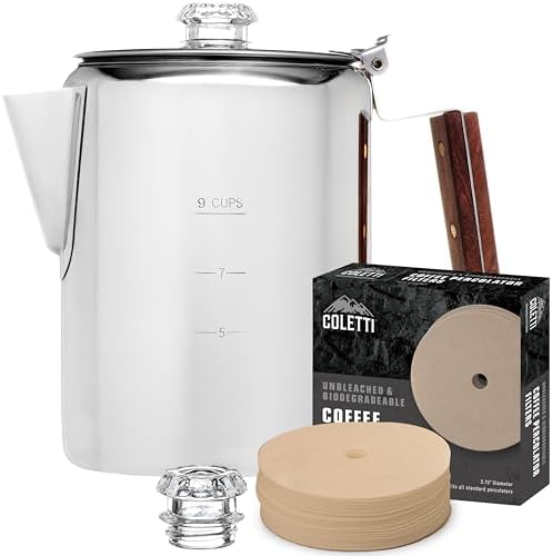 COLETTI Bozeman Super Bundle — Percolator Coffee Pot, Camping Coffee Pot, 2x Glass Globes, 100-Pack of Natural Filters — Camping's Best Percolator – Pure Stainless Steel [9 Cup Bundle]