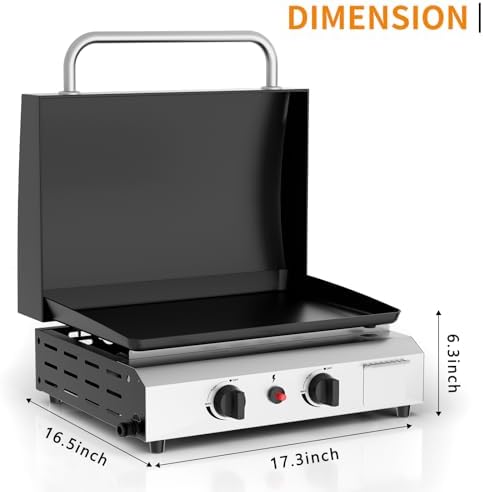 17.3'' Gas Griddle Flat Top Grill with Lid, 2-Burner Tabletop Portable Propane Griddle for Outdoor Cooking, BBQ, Camping & Tailgating Barbecue, 30,000BTU Output