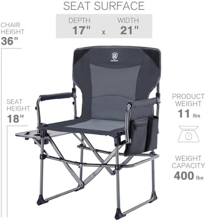 EVER ADVANCED Camping Directors' Chair with Side Table, Portable Folding Chair with Compact Size, Heavy Duty with Pocket for Camping, Lawn, Sports and Fishing, 400lbs, Gray 2 Pack
