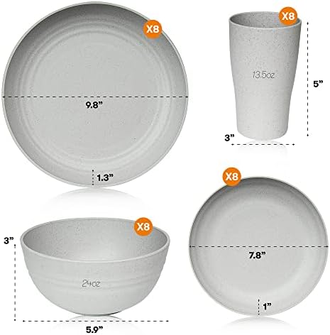 Wheat Straw Dinnerware Sets | Unbreakable Dinnerware Sets | Dishwasher Microwave Safe Dinnerware | Eco Friendly Non Breakable Dinnerware Sets | RV Outdoor Camping (Grey, Service for 8 (32 pcs))