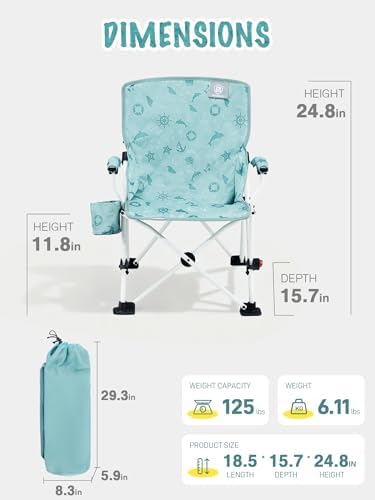 EVER ADVANCED Kids Camping Chairs with Cup Holder, Padded Folding Camping Chair Outdoor with Safety Lock, Carry Bag, Lightweight Portable Camp Chairs for Beach, Balcony, Patio, Supports 150lbs, Green