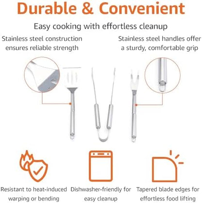 Amazon Basics 4-Piece Stainless Steel BBQ Grilling Tool Set with Carry Bag, Rust-Resistant, Dishwasher Safe