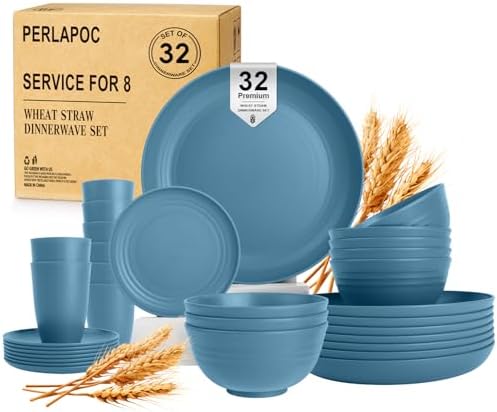Wheat Straw Dinnerware Sets, 32 PCS Dishes Set for 8, Unbreakable Lightweight Reusable Plates and Bowls Sets for Kitchen Outdoors RV Camping Patio, Dishwasher & Microwave Safe - Blue