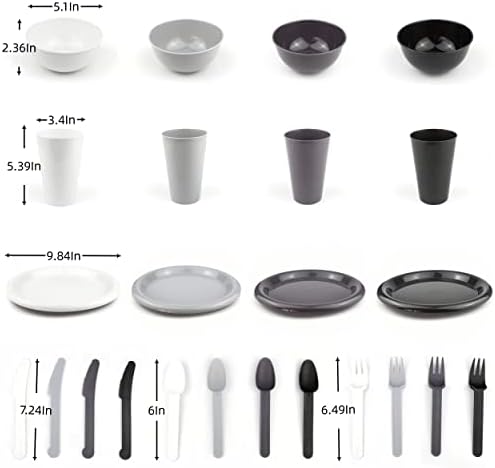 24Piece Plastic Plates and Bowls Sets Dinnerware Set Dishes Set for 4,College Dorm Room Essentials,Camping Plates and Bowls with Tumbler,Knives,Forks and Spoons,Mess Kit,Microwave Safe,BPA Free