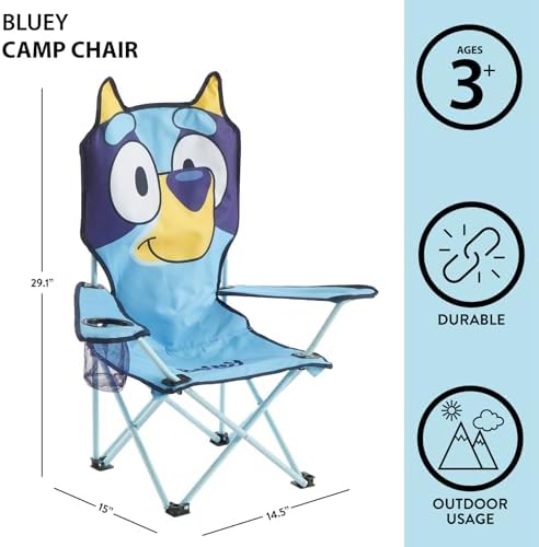Idea Nuova Bluey Kids Folding Camping Chair with Cup Holder & Storage Pocket,Portable Outdoor Chair for Toddlers, Camping, Beach & Picnic