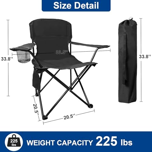 2PCS Folding Camping Collapsible Chairs Heavy Duty Lawn Chair with Cooler Bag, Storage Pocket, Waterproof Bag Outdoor Arm Chair, Supports 225LBS, Black