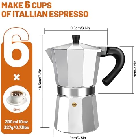 6 Cup Aluminum Espresso Stovetop Moka Pot Express Coffee Maker Percolator Italian Classic Mocha Coffee Machine for Italian and Cuban Cafe Brewing for Home & Camping 300ml 10oz
