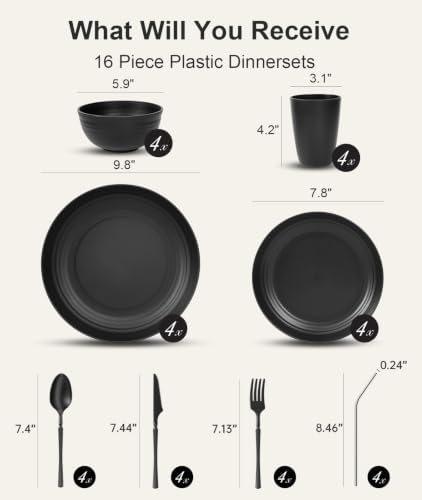 Quatish 32 Piece Plastic Plates and Bowls Sets for 4, Dinnerware Set Black