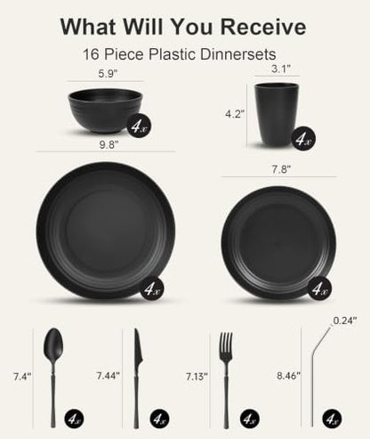 Quatish 32 Piece Plastic Plates and Bowls Sets for 4, Dinnerware Set Black