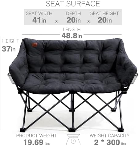 EVER ADVANCED Double Camping Chair for Adults, Padded Folding Camping Loveseat Bench with Side Pocket Portable Camping Couch, Two Person Heavy Duty Outdoor Chair with Cushion,Support 600lbs, Black