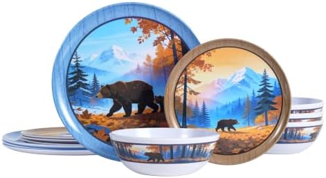 12-Piece Melamine Dinnerware Set for 4, Camping Dishes with Bear Design