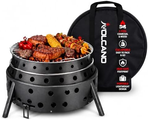 Volcano 2 Collapsible Grill/Stove, Portable Camping Charcoal or Wood Cooker, Folding Outdoor Grill with Carrying Case, 13" Cooking Surface, Compact Steel Camp Cooker for Tailgating Backyard Use